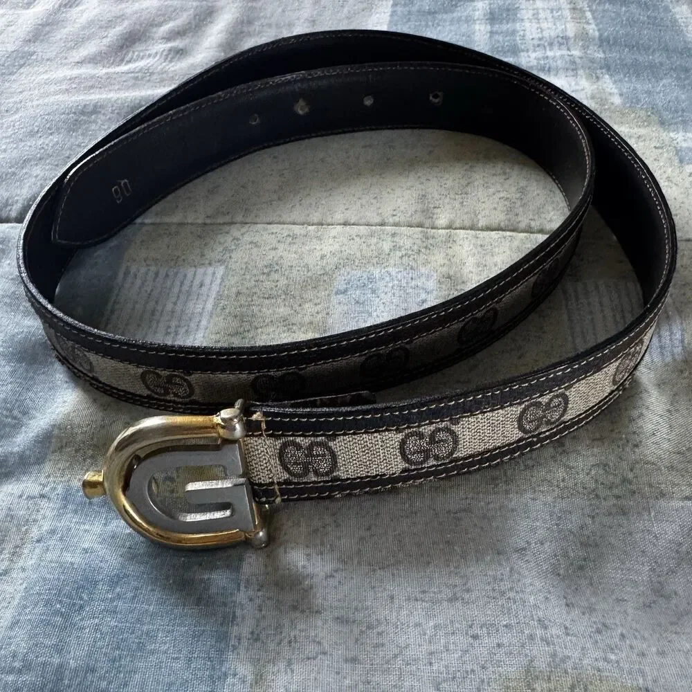 Gucci Dual Metal Monogram GG Leather Vintage Rare Canvas Dark Blue Belt Size 90